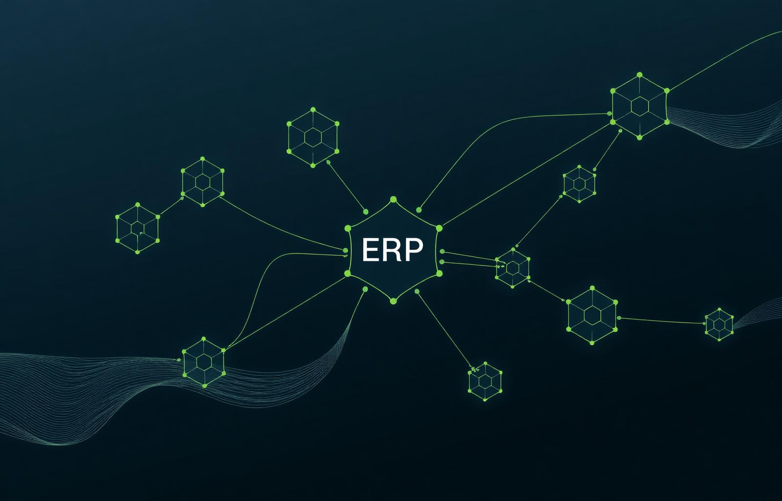 Network of geometric nodes connected to a central hub, representing ERP and CRM integration with Shopify Plus