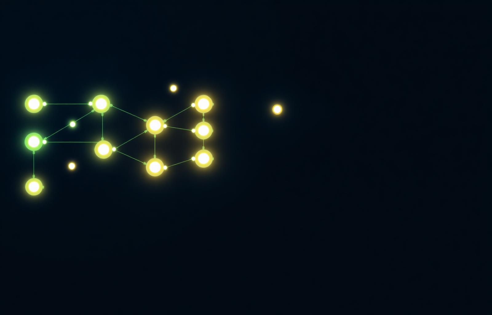 Branching network of glowing nodes representing Shopify Flow automation workflows