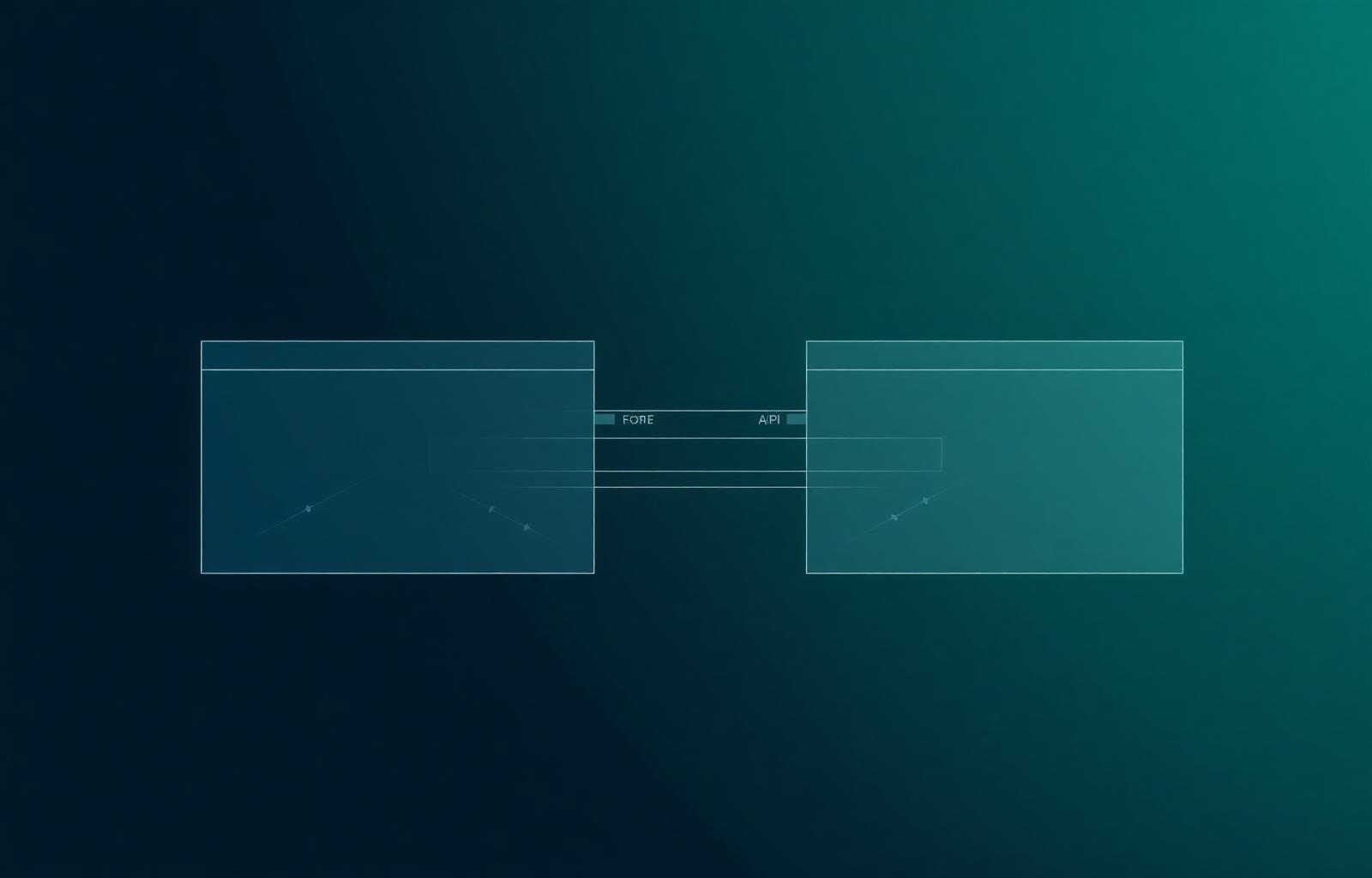 Two parallel translucent planes connected by API lines, representing headless commerce architecture